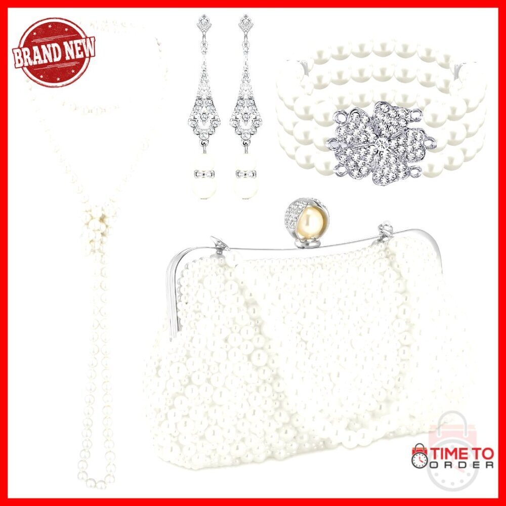 Vintage Pearl Jewelry Set with Necklace Earrings Bracelet Clutch Bag